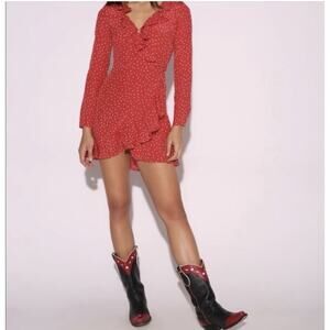 Realisation Silk Par Diane Red w Star Print Ruffle Mini Wrap Dress Women's S